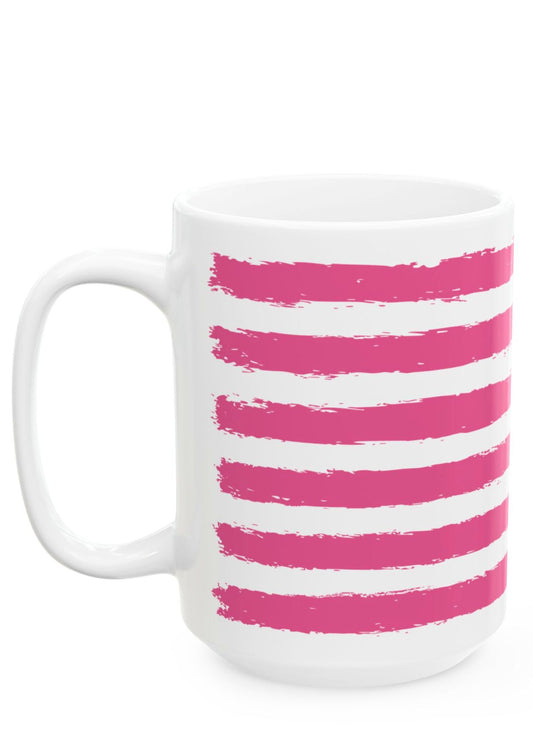 USA Flag in Pink with butterflies for stars on a 15 oz white ceramic mug - left view