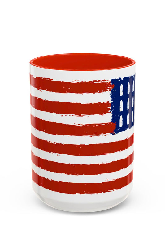 USA Flag Mug with bullet holes in the place of stars - ink and asphalt art design - front image