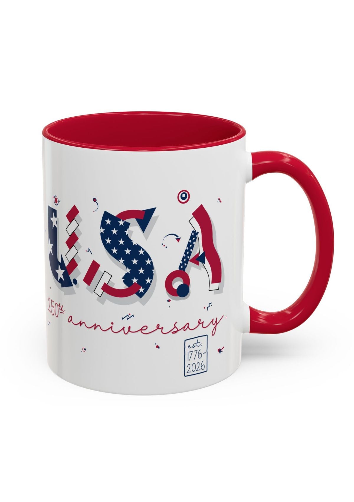 Mug with 'USA' and 2021 text on a white background with red interior and handle