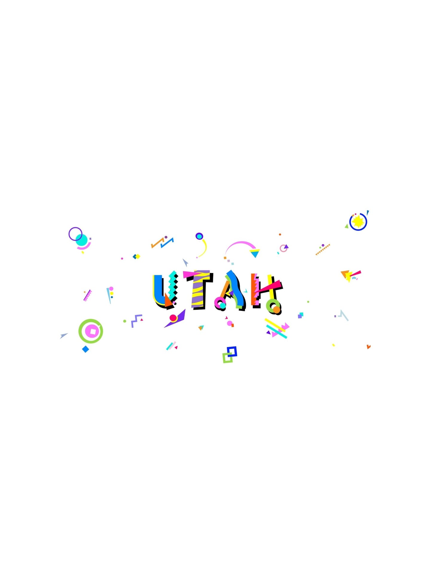 A colorful graphic souvenir t-shirt with the word 'UTAH' displayed prominently in Memphis style fonts and fun playful graphics