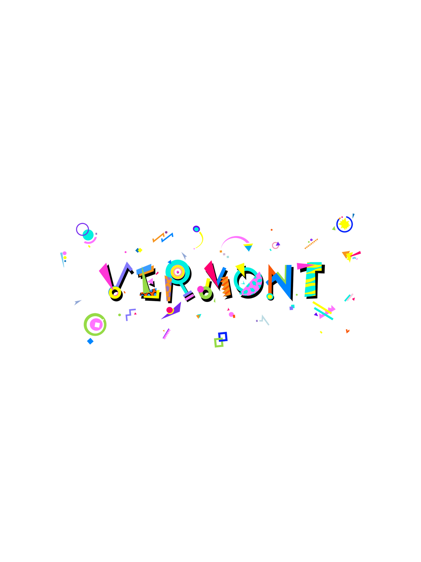 A colorful graphic souvenir t-shirt with the word 'VERMONT' written across the front in bold memphis style fonts, featuring fun playful shapes and colors