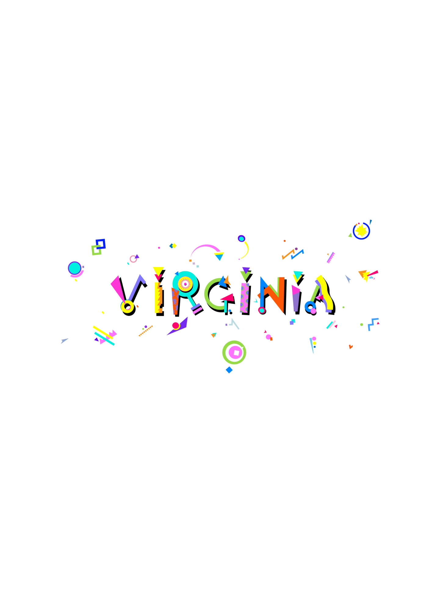 A colorful graphic souvenir t-shirt with the word 'VIRGINIA' written in bold memphis style fonts, accompanied by various small symbols and shapes.