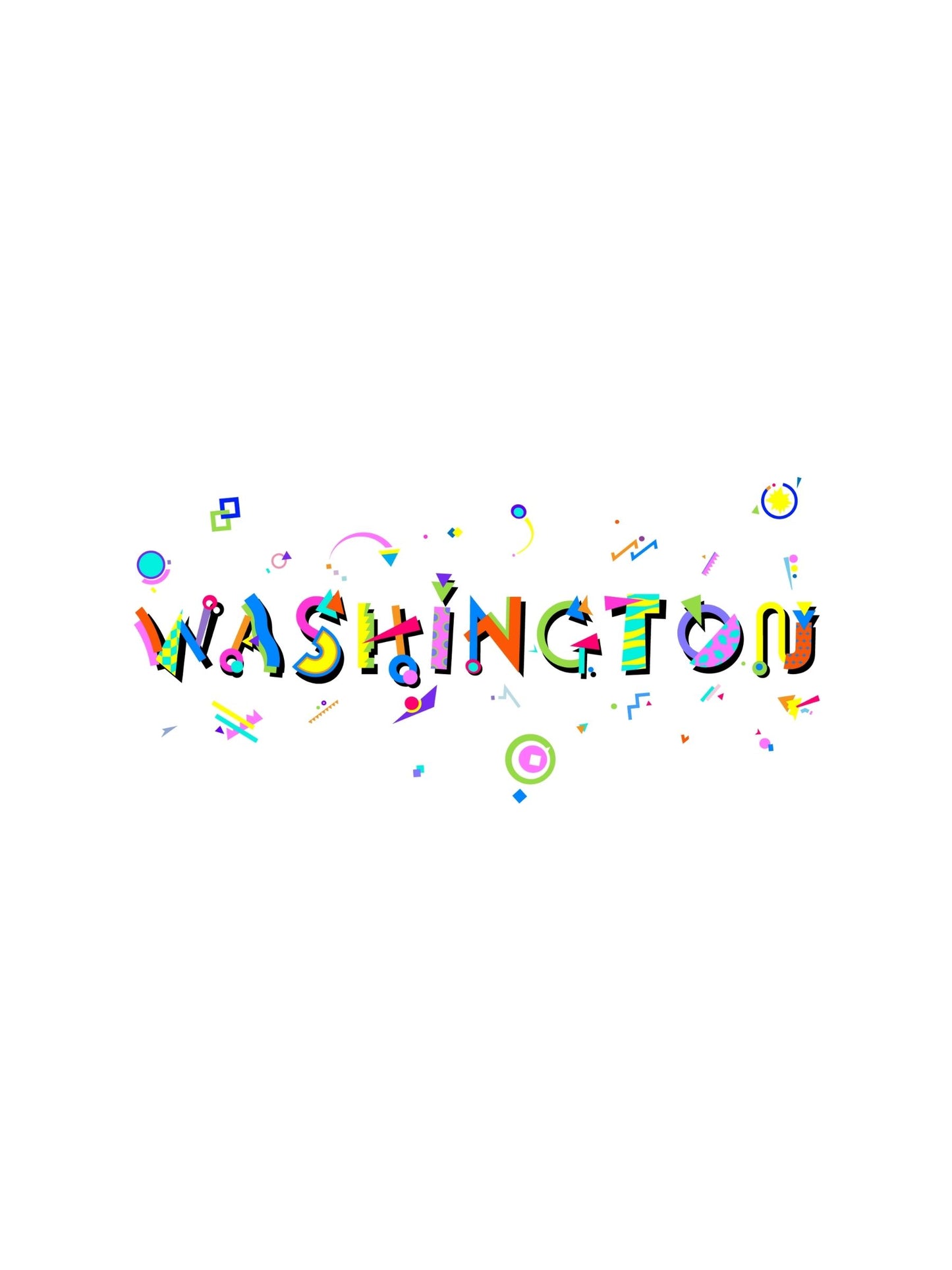 A graphic souvenir t-shirt with the word 'WASHINGTON' in bold, multicolored memphis style fonts, surrounded by small colorful shapes and dots.