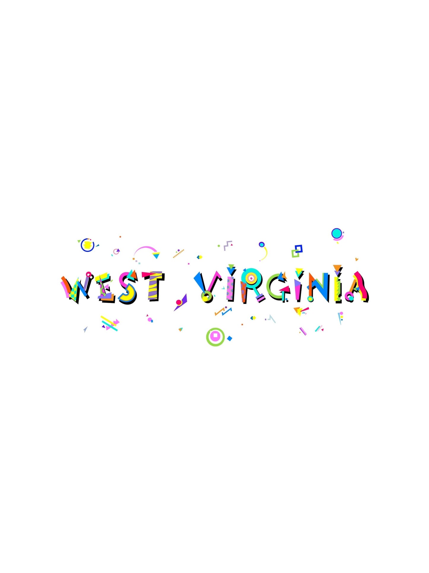 A colorful graphic souvenir t-shirt with 'WEST VIRGINIA' written in a playful, bold memphis style font, surrounded by small decorative elements.