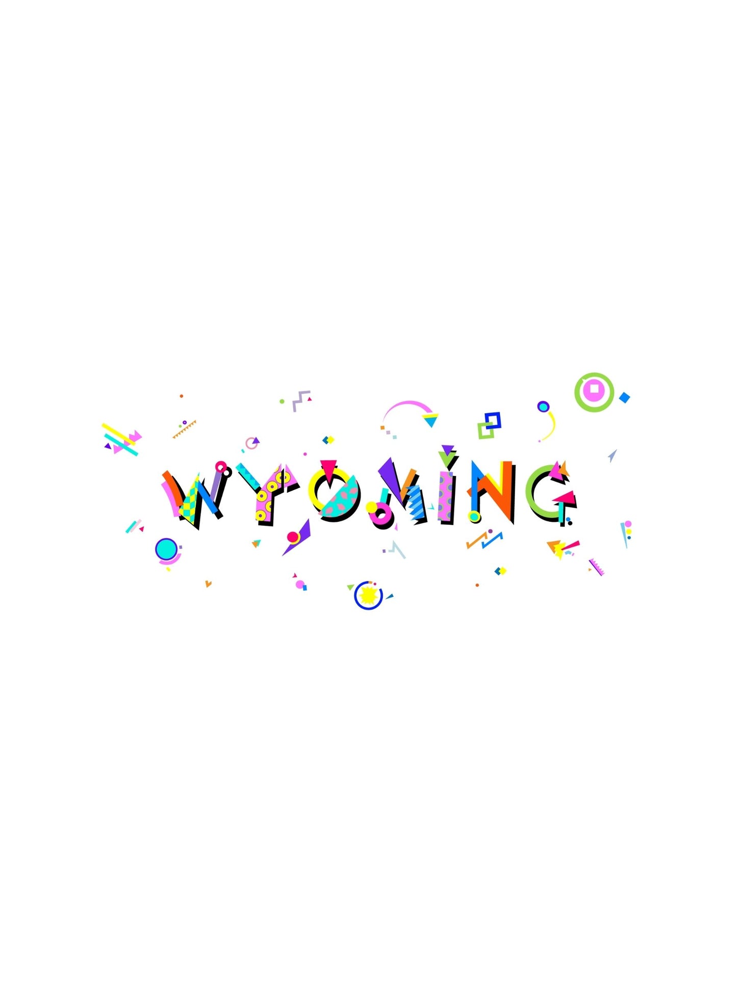 A colorful graphic souvenir t-shirt with the word 'WYOMING' written in a stylized Memphis font, featuring various playful shapes and dots around the text.