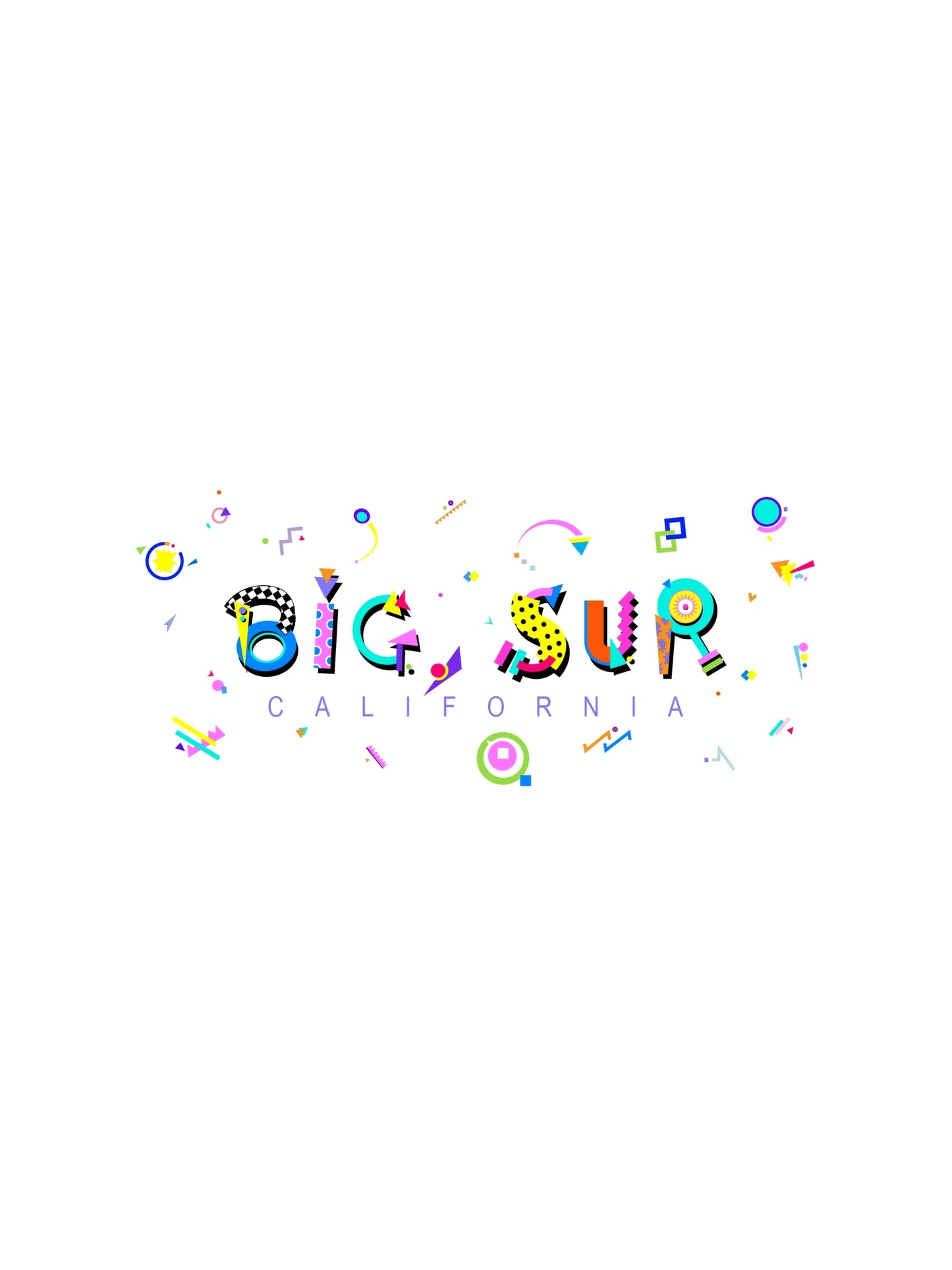 A colorful graphic t-shirt with 'BIG SUR CALIFORNIA' printed in bold memphis style letters, featuring a retro style with decorative elements