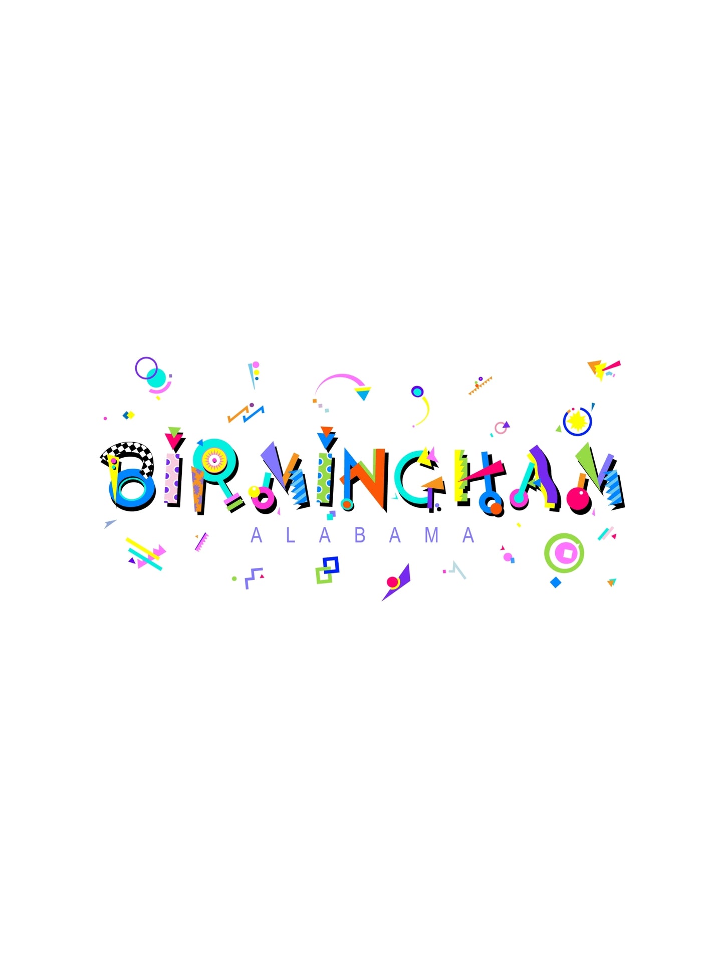 A colorful graphic t-shirt with 'BIRMINGHAM ALABAMA' written in a fun, bold memphis style font, surrounded by playful icons and shapes.