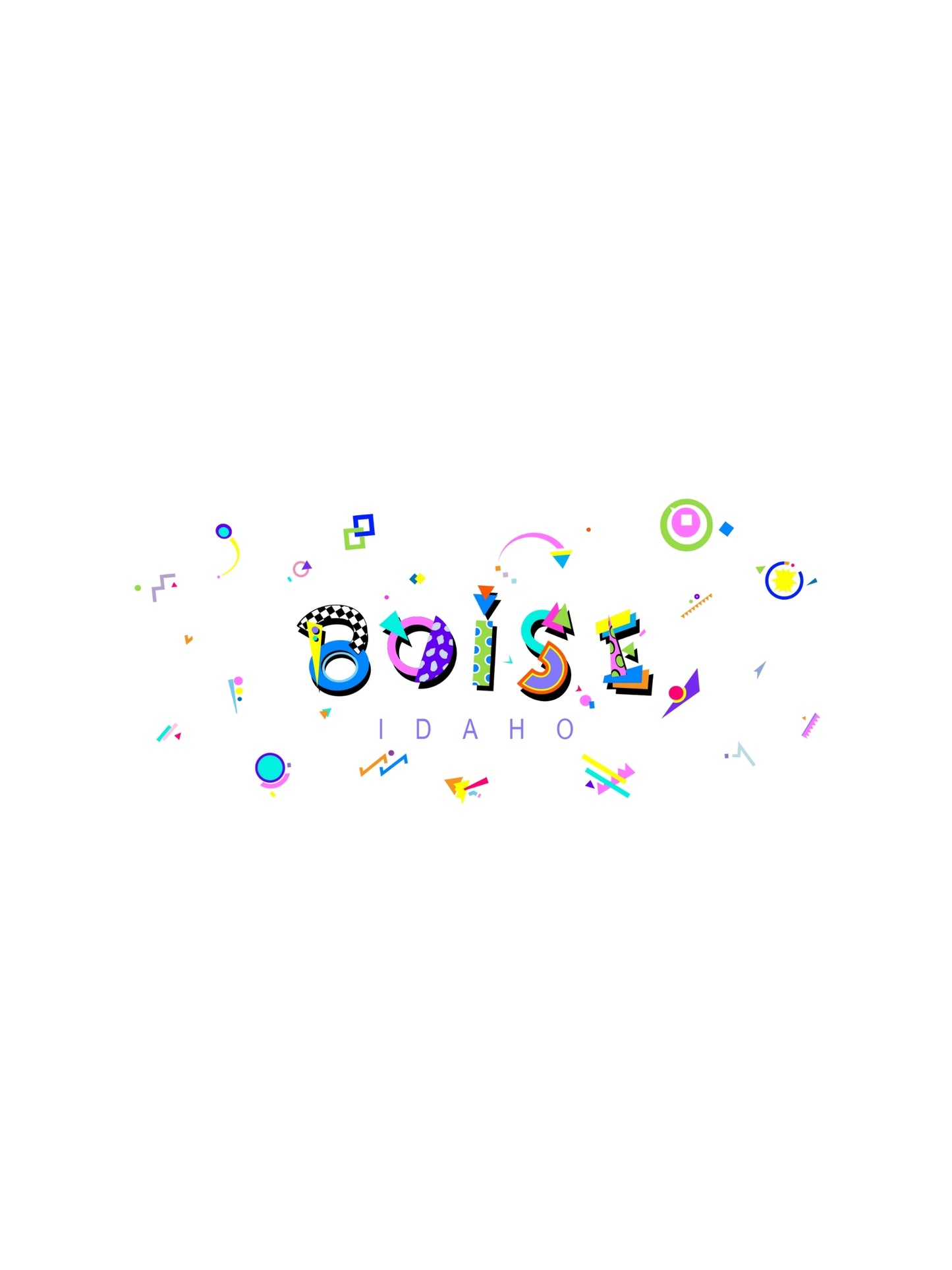 A colorful graphic t-shirt with 'BOISE IDAHO' written in stylized memphis fonts, featuring various icons and shapes in vibrant colors.