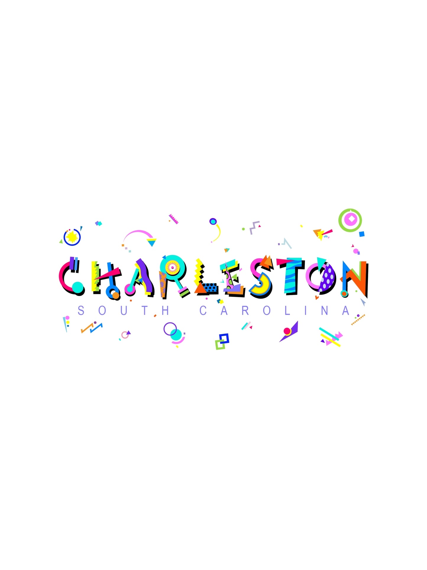 A graphic souvenir t-shirt with the word 'CHARLESTON' printed in memphis styled fonts and fun playful shapes