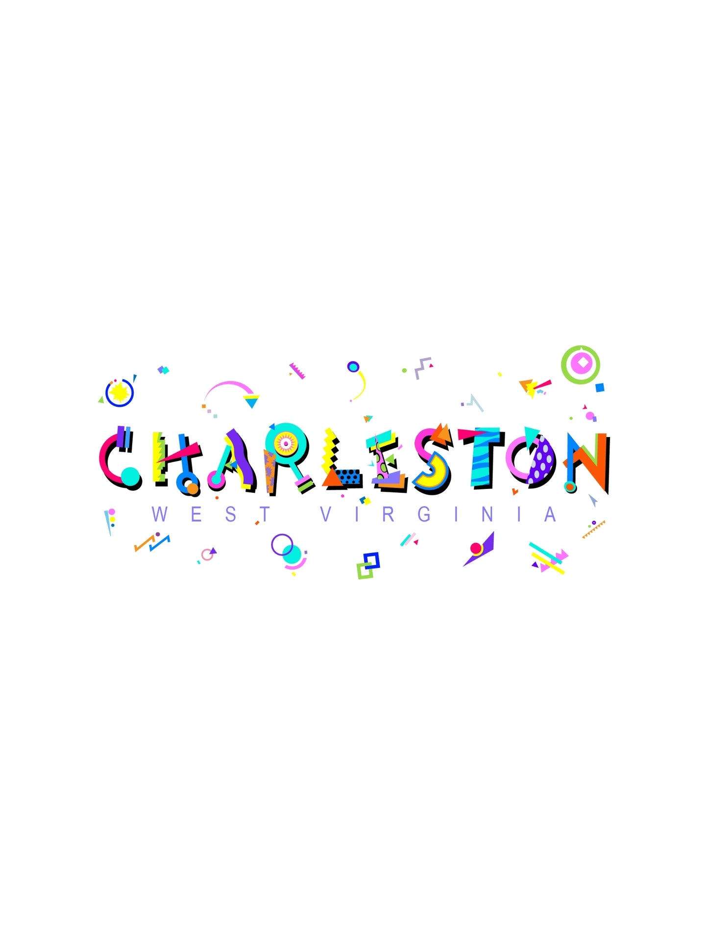 A colorful graphic souvenir t-shirt with the word 'CHARLESTON' written across the front in bold memphis style fonts featuring various small shapes
