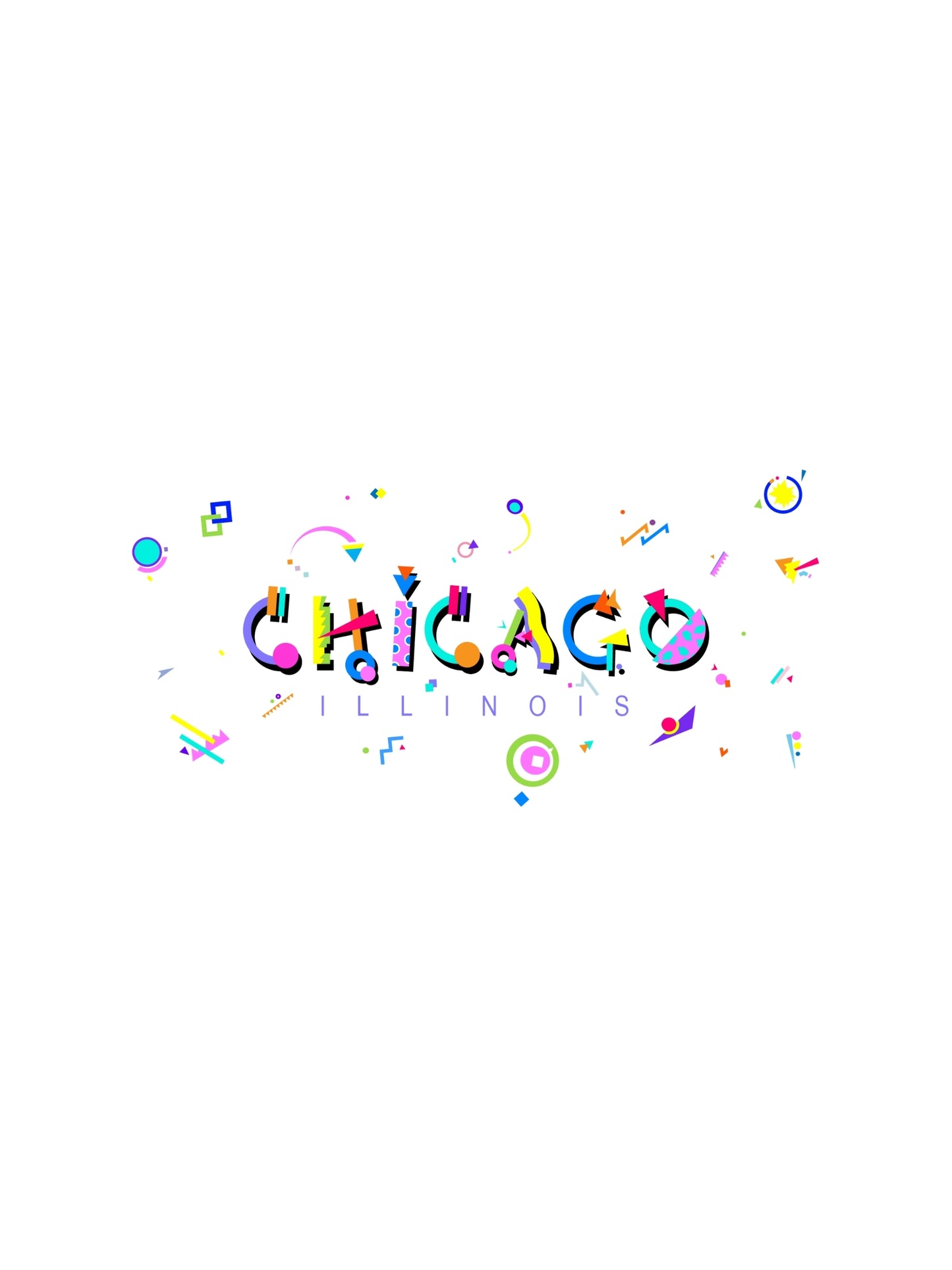 A graphic souvenir t-shirt with 'CHICAGO ILLINOIS' written in stylized memphis fonts surrounded by fun shapes