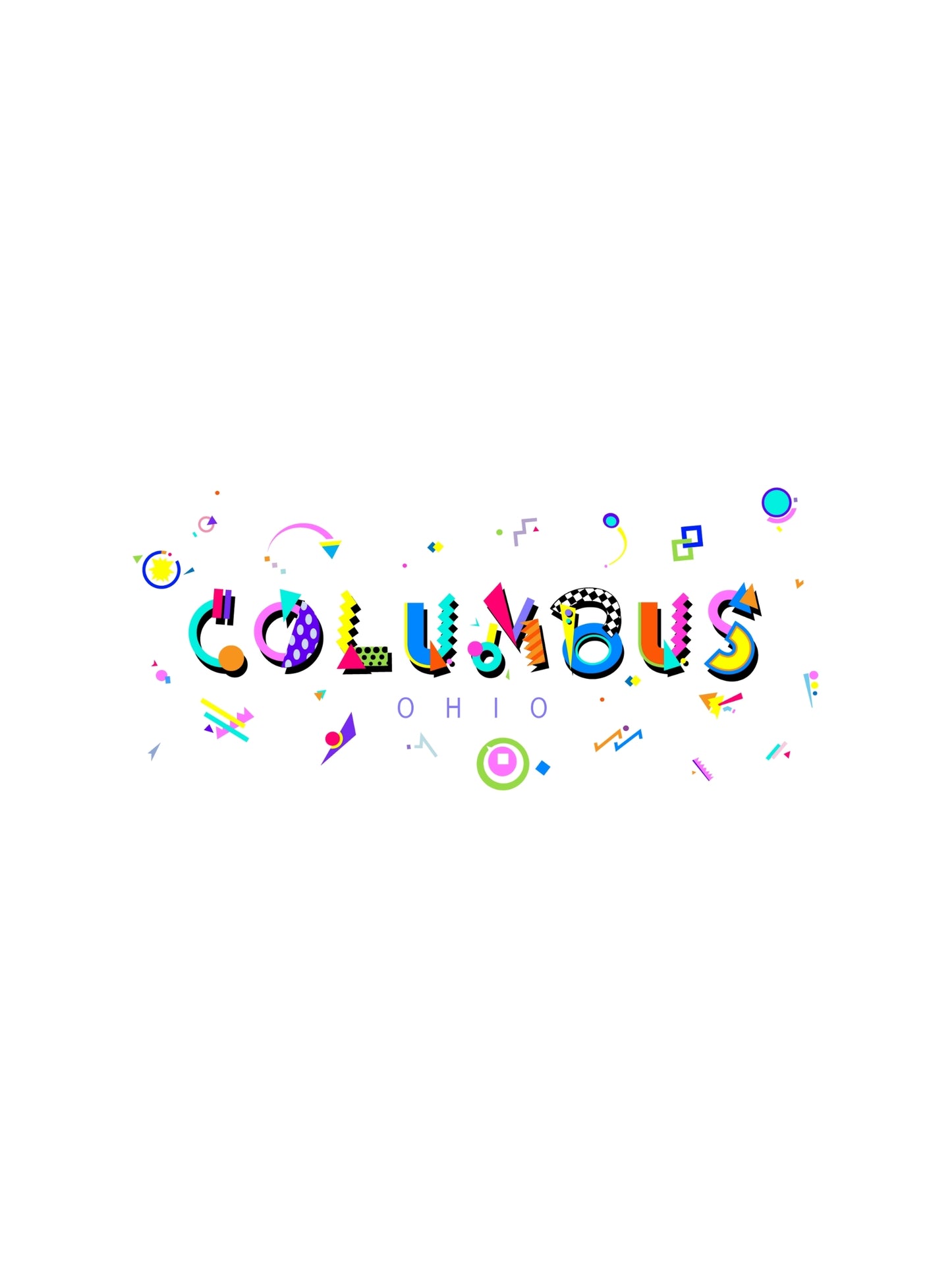 A graphic souvenir t-shirt with 'COLUMBUS OHIO' printed in colorful memphis style fonts, surrounded by playful fun shapes