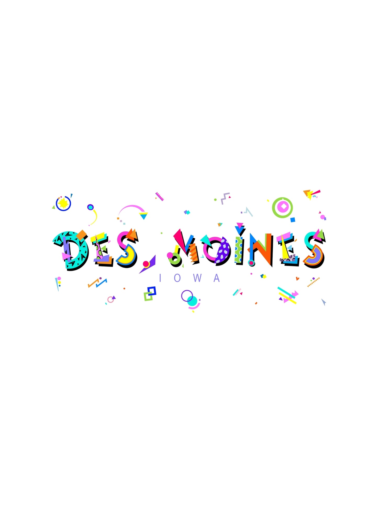 A colorful graphic souvenir t-shirt with 'Des Moines, Iowa' written in stylized memphis style fonts, featuring various icons and shapes.