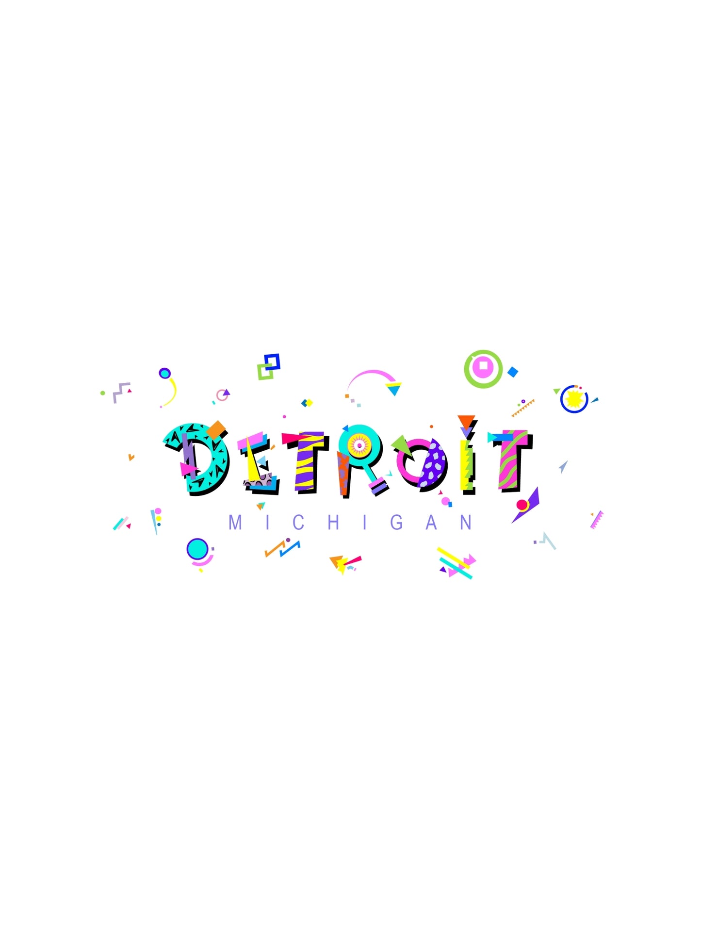 A graphic souvenir t-shirt with 'Detroit Michigan' written in stylized memphis lettering, featuring various icons and shapes