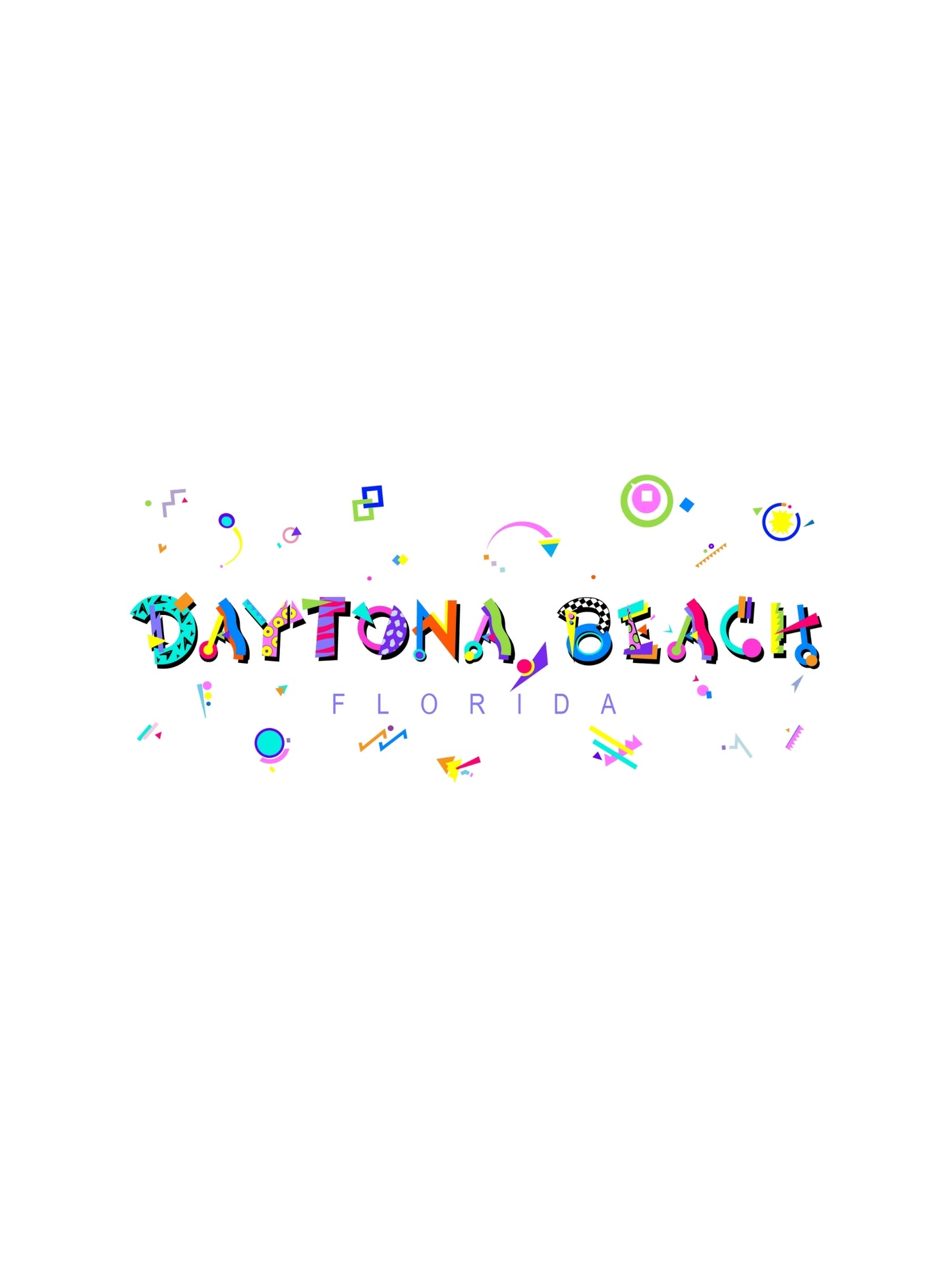 A colorful graphic t-shirt with 'Daytona Beach, Florida' text in a memphis style font surrounded by various shapes