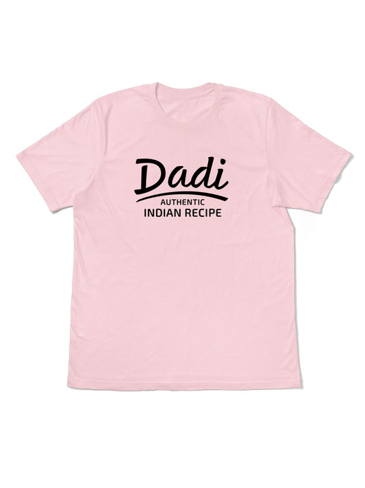 Dadi Authentic Indian Recipe t-shirt on pink Airlume cotton — gift for Indian grandmother.