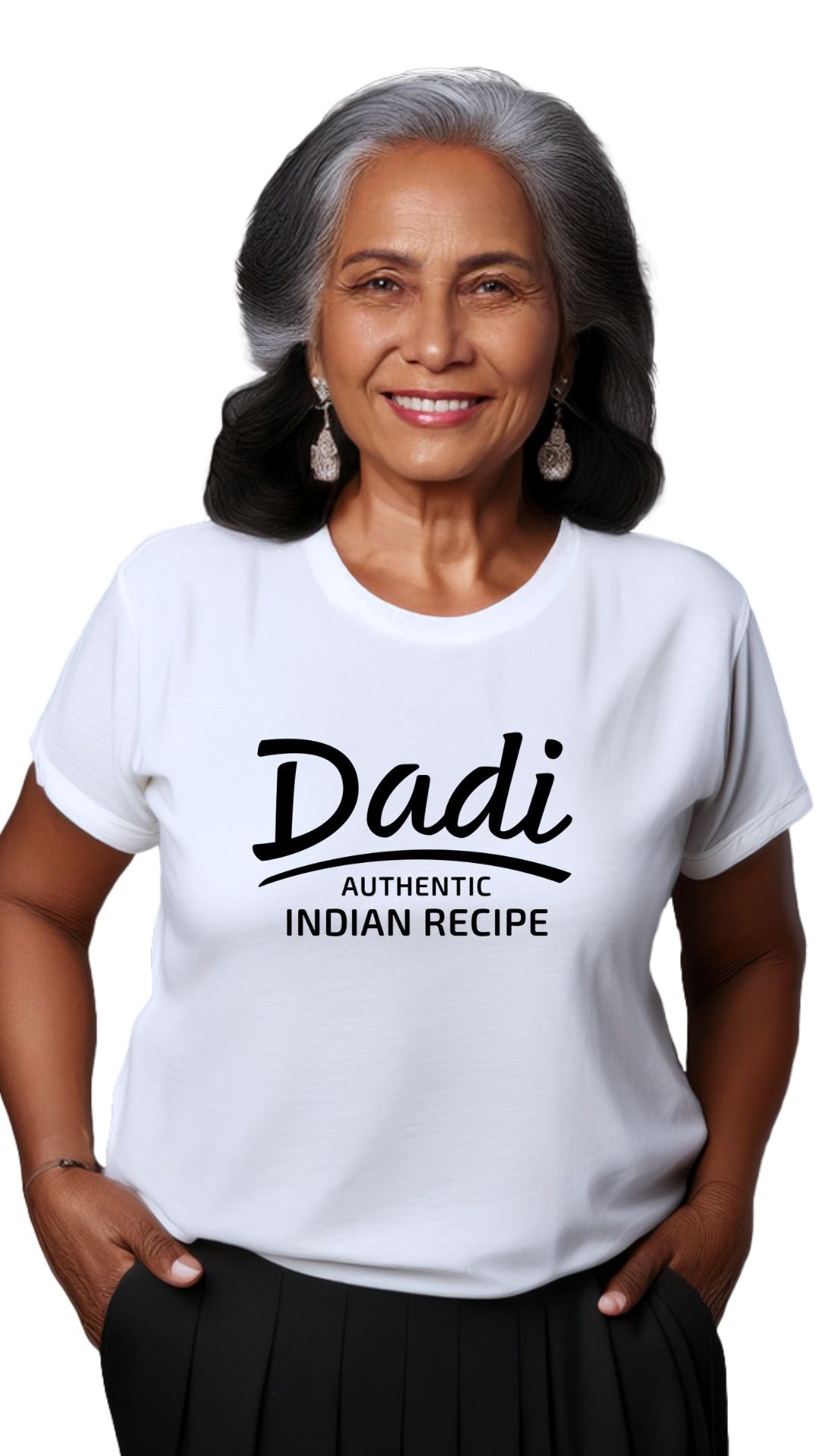 Dadi Authentic Indian Recipe t-shirt on white Airlume cotton — gift for Indian grandmother model