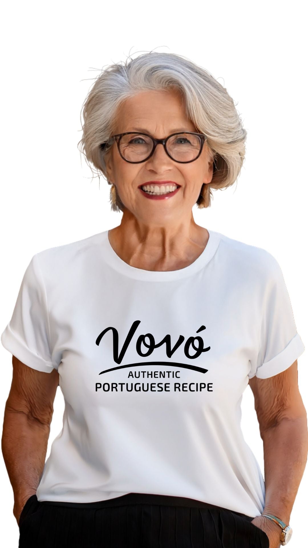 Vovó Authentic Portuguese Recipe t-shirt on white Airlume cotton — gift for Portuguese grandmother model