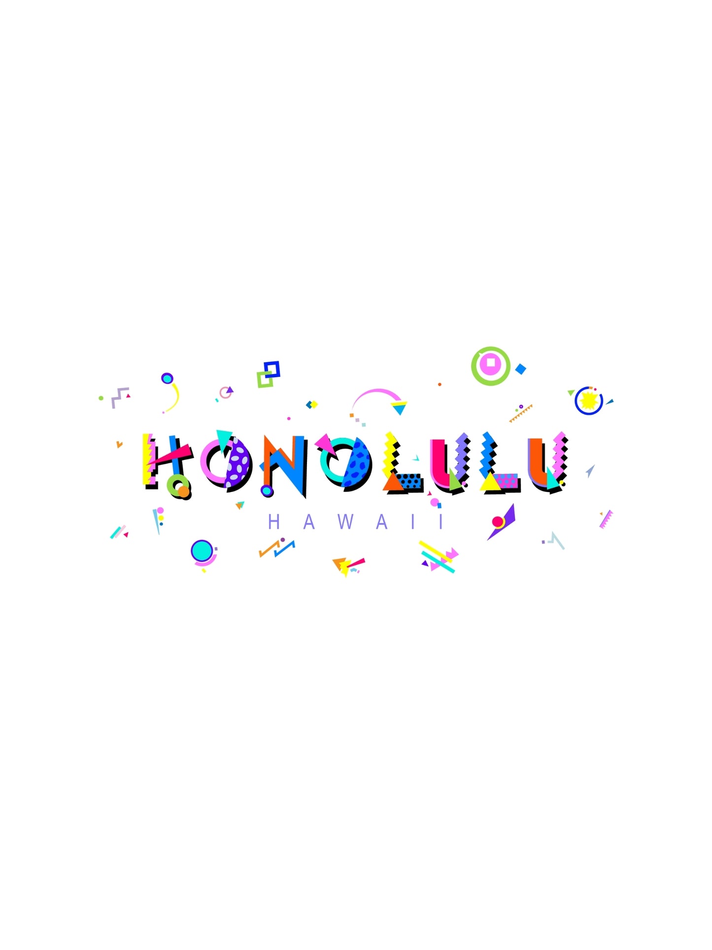 Fun Memphis Inspired Graphic Souvenir t-shirt with 'HONOLULU' surrounded by fun bright shapes
