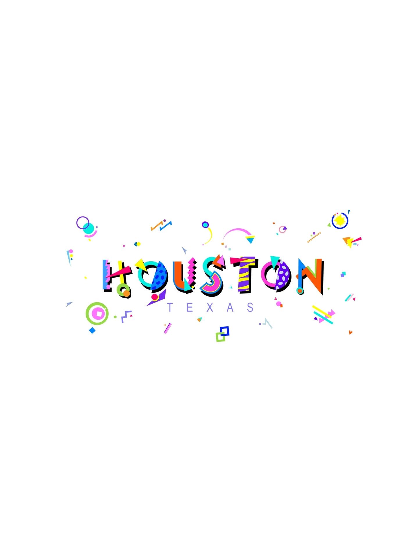 A graphic souvenir t-shirt with the word 'HOUSTON' written in bold memphis style fonts accompanied by various icons and shapes