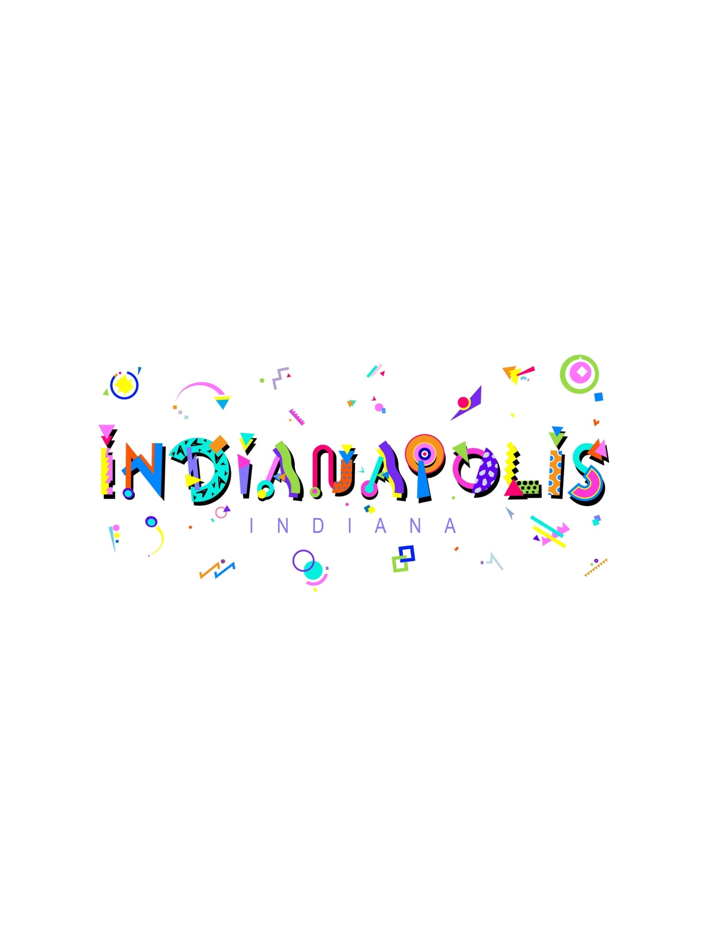 A colorful graphic souvenir t-shirt with 'Indianapolis Indiana' written in a playful, bold memphis style font, featuring various symbols and shapes in vibrant colors.