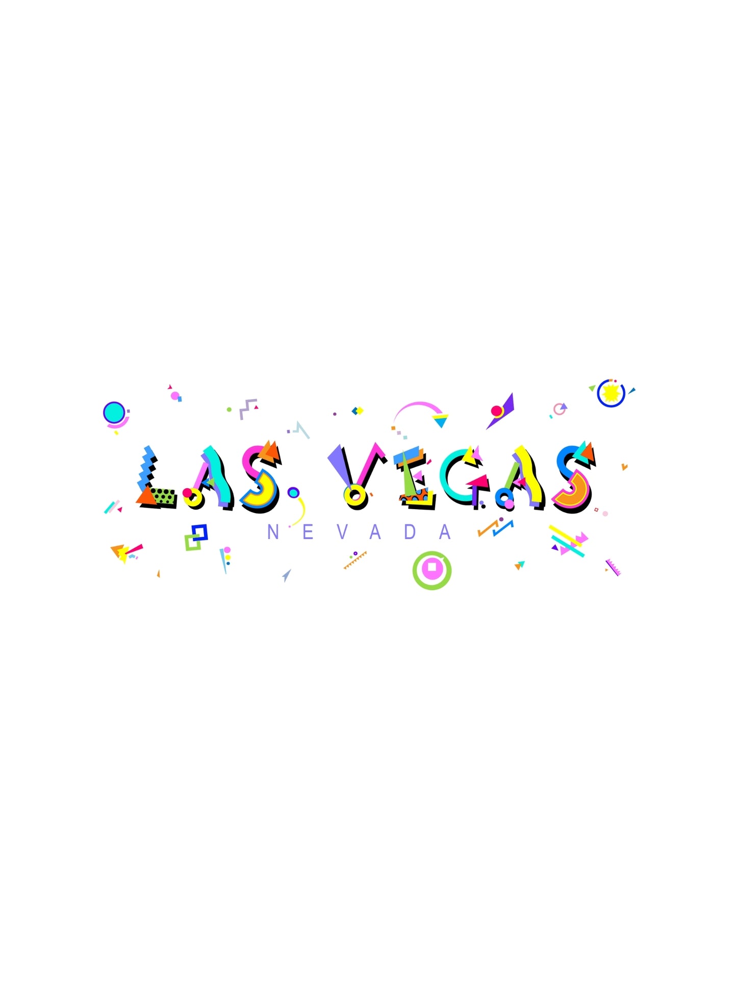 A colorful souvenir t-shirt with 'LAS VEGAS' text in bold memphis style fonts surrounded by vibrant graphics and small shapes