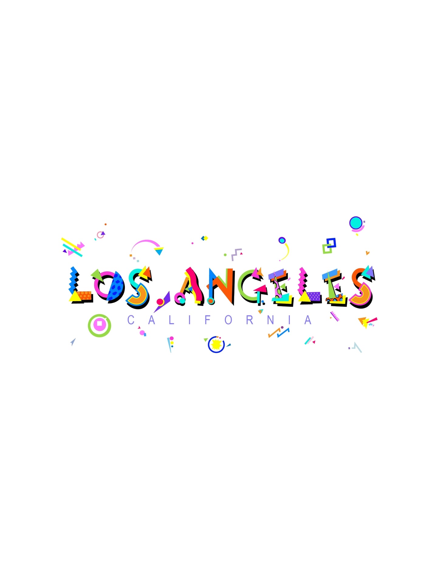 A graphic souvenir t-shirt with 'LOS ANGELES CALIFORNIA' written in bold memphis style fonts and featuring a colorful and Memphis-inspired design