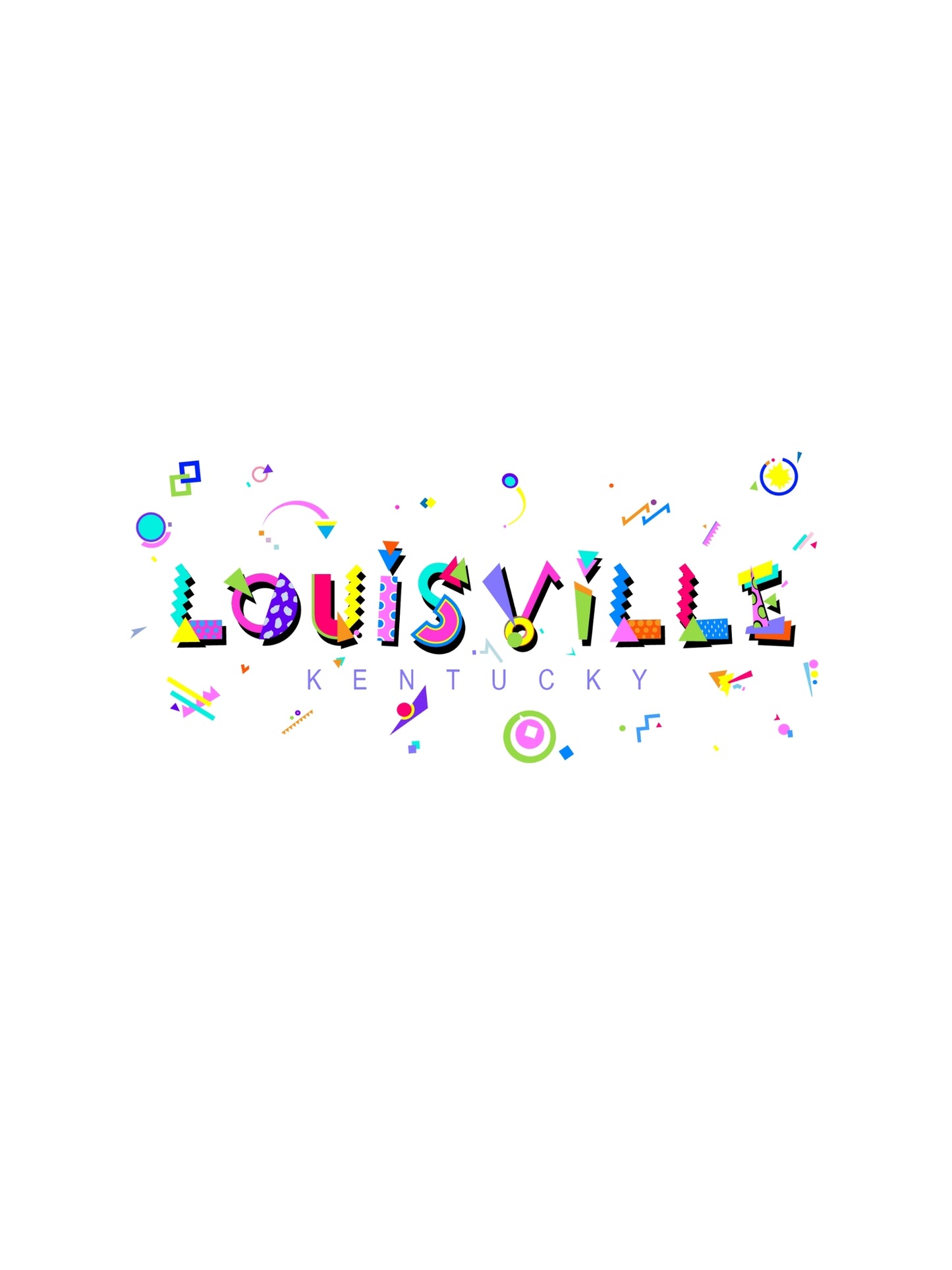 A colorful graphic souvenir t-shirt with the word 'LOUISVILLE' written in bold memphis fonts, accompanied by various symbols and shapes