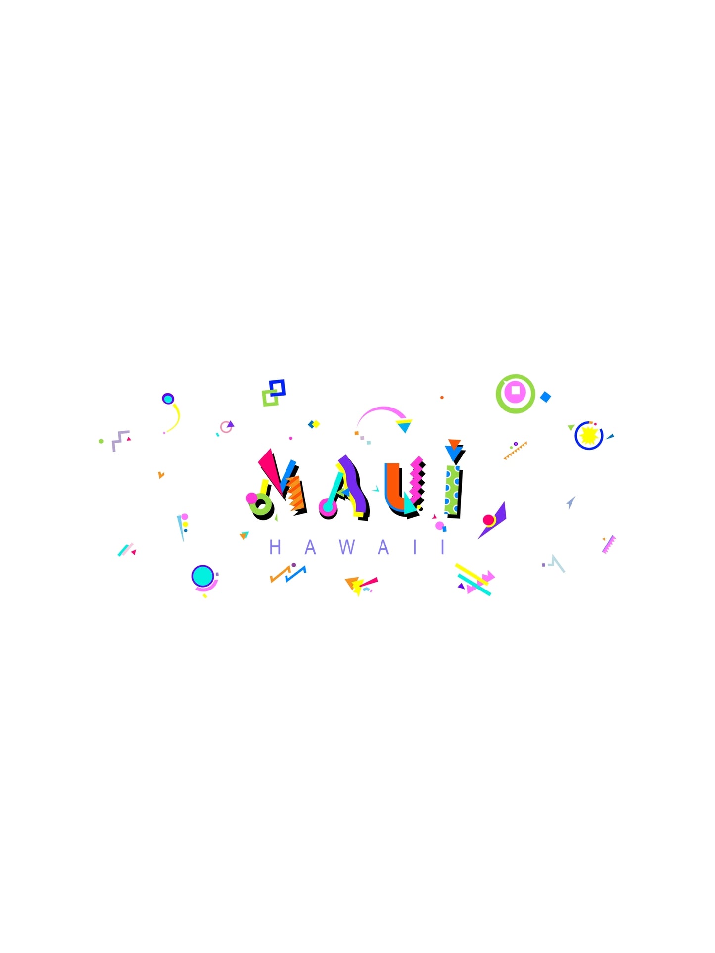 A colorful graphic souvenir t-shirt with the word 'MAUI' prominently displayed in memphis style fonts surrounded by vibrant, abstract elements.