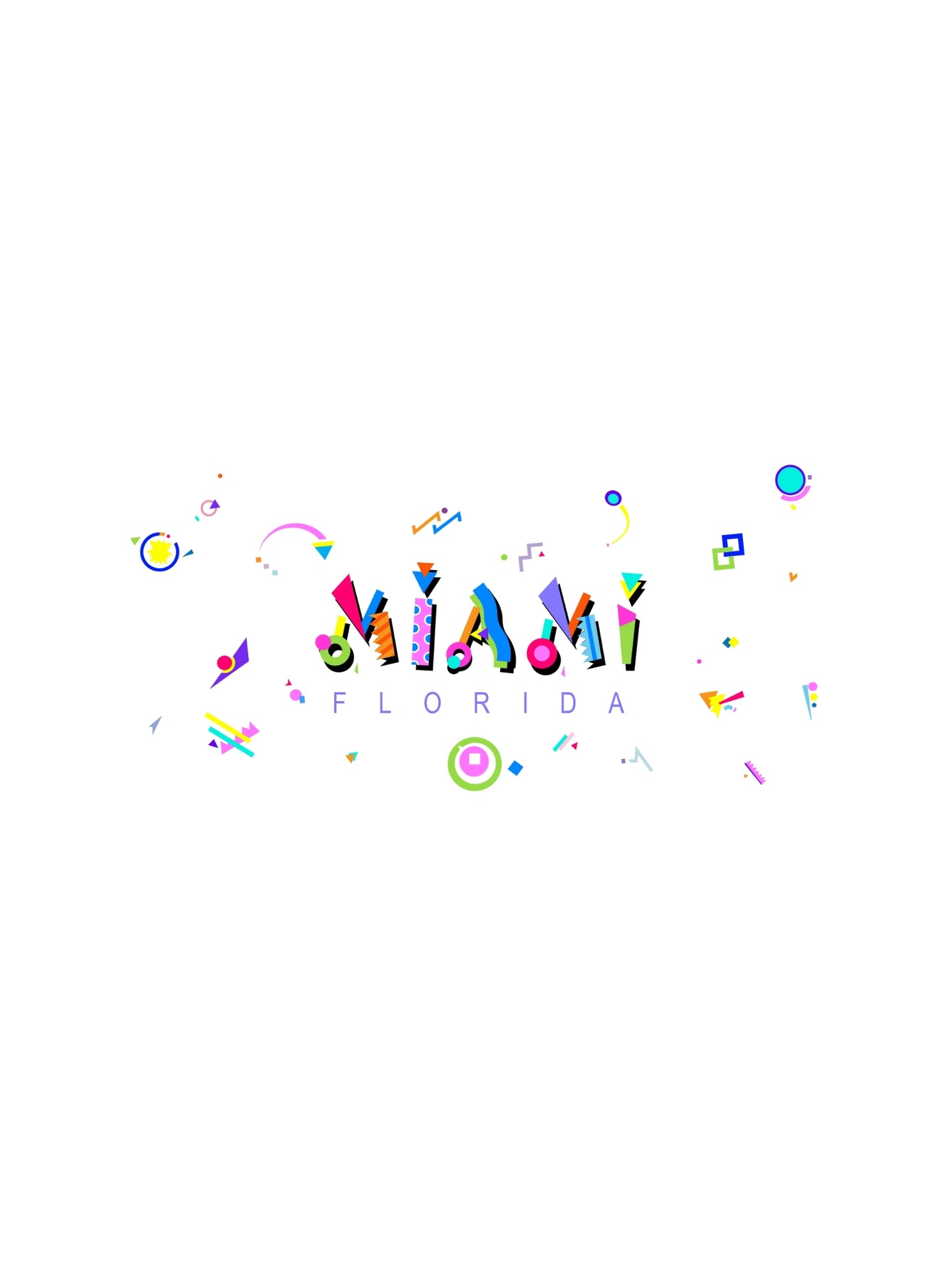 A bold graphic souvenir t-shirt with 'MIAMI FLORIDA' printed in bold memphis style fonts, surrounded by colorful abstract shapes.