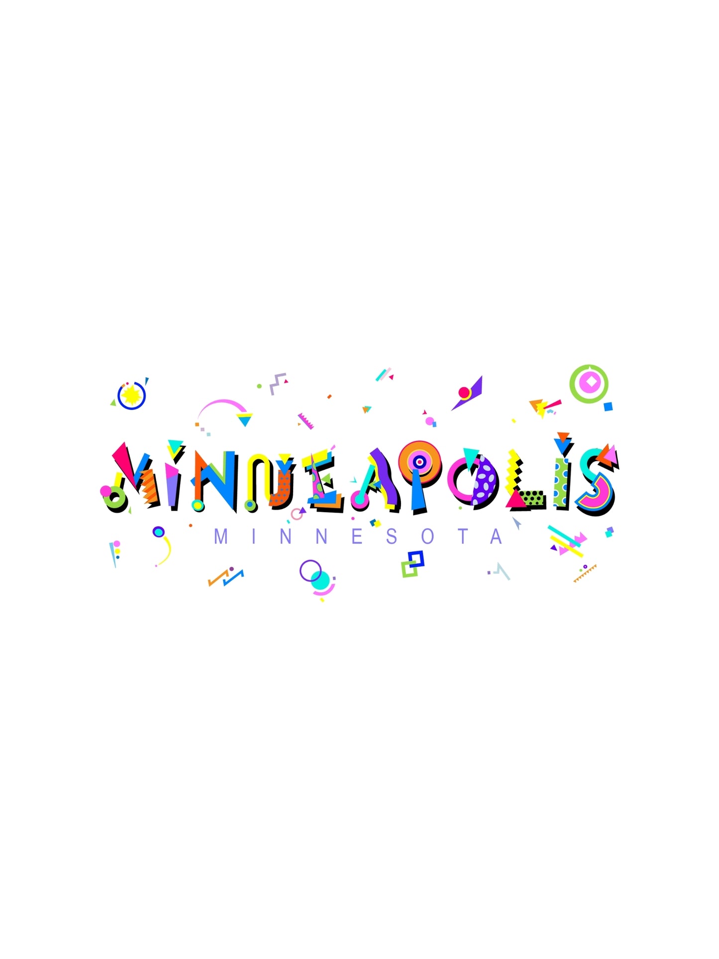 Playful fun souvenir t-shirt with 'MINNEAPOLIS MINNESOTA' text in bold memphis style font and fun graphics
