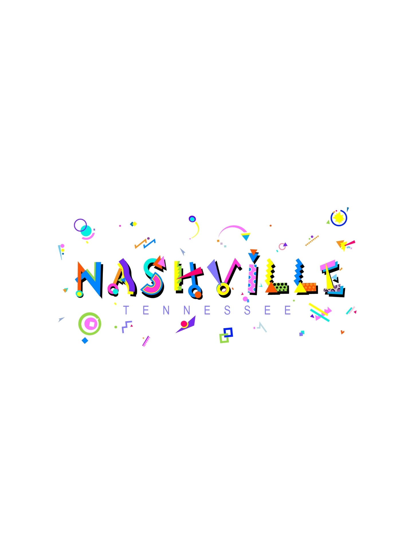 Colorful graphic souvenir t-shirt with 'NASHVILLE TENNESSEE' memphis style text and various shapes