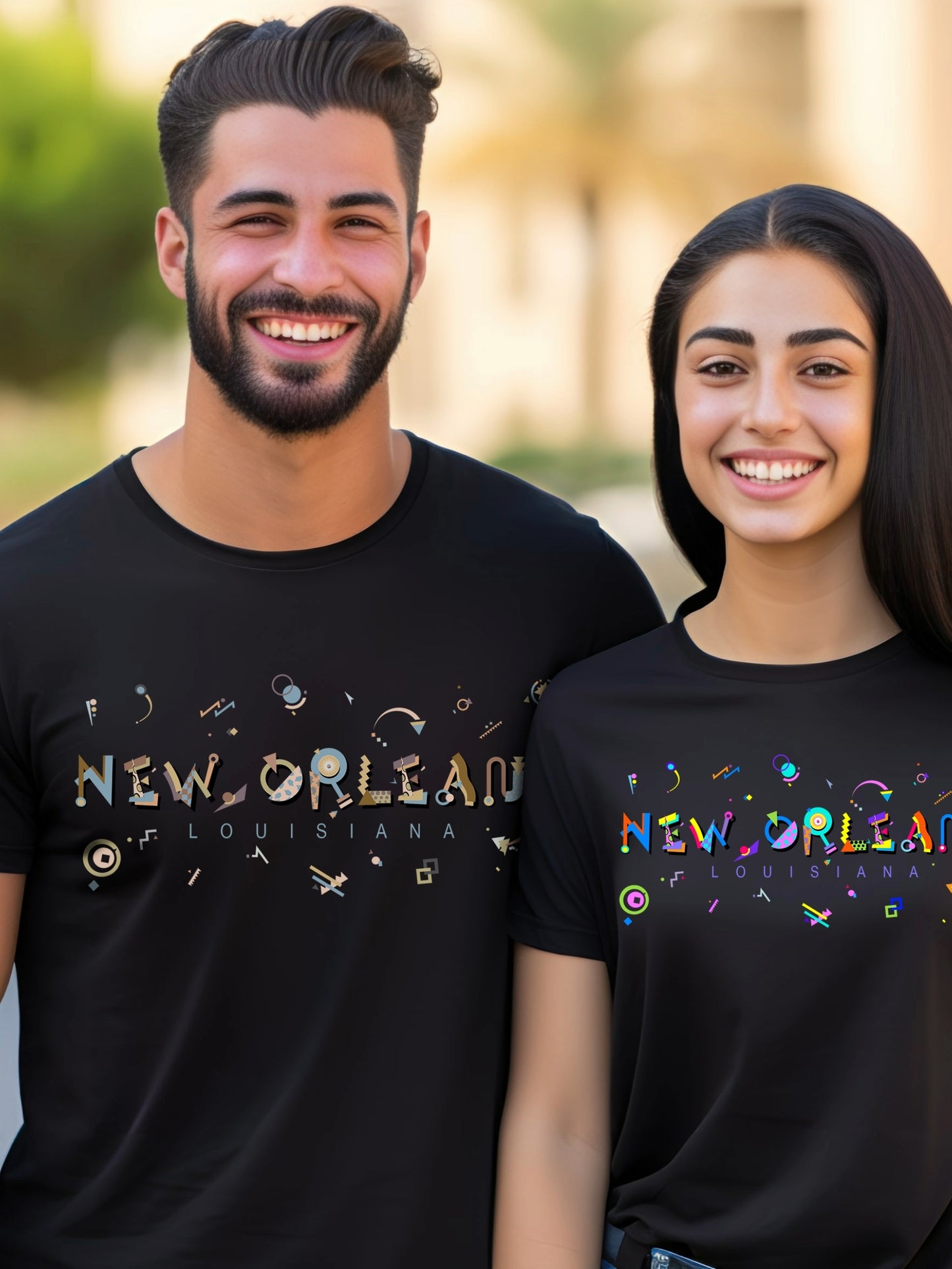 man and women wearing New Orlean Souvenir T-Shirts in bold fun colors and neutral tones on black t-shirts