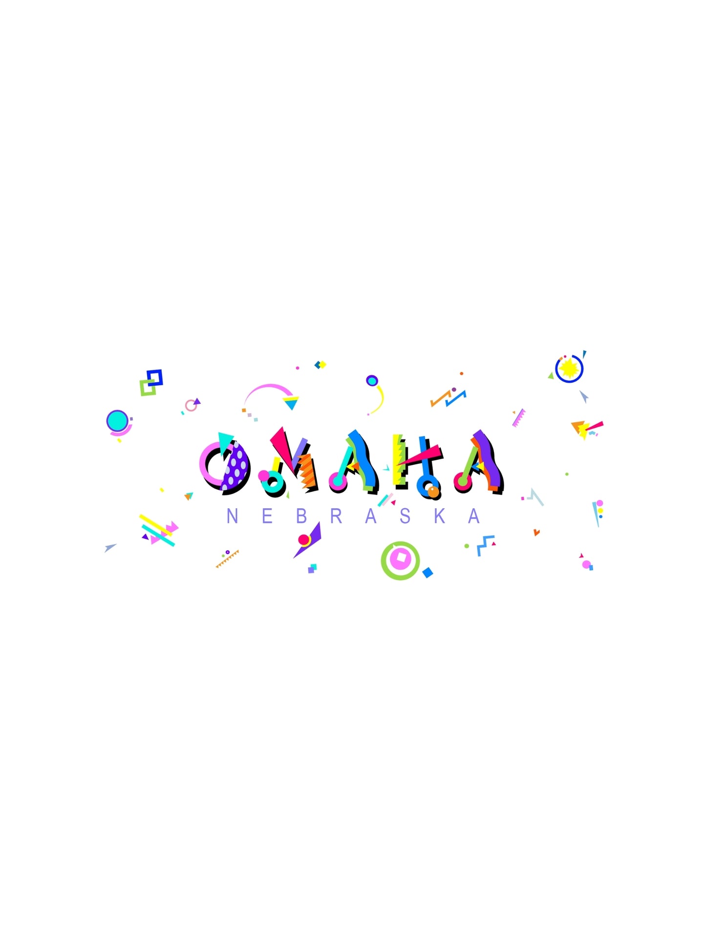 A colorful graphic t-shirt with the word 'OMAHA' prominently displayed in bold memphis art lettering, surrounded by vibrant, abstract shapes