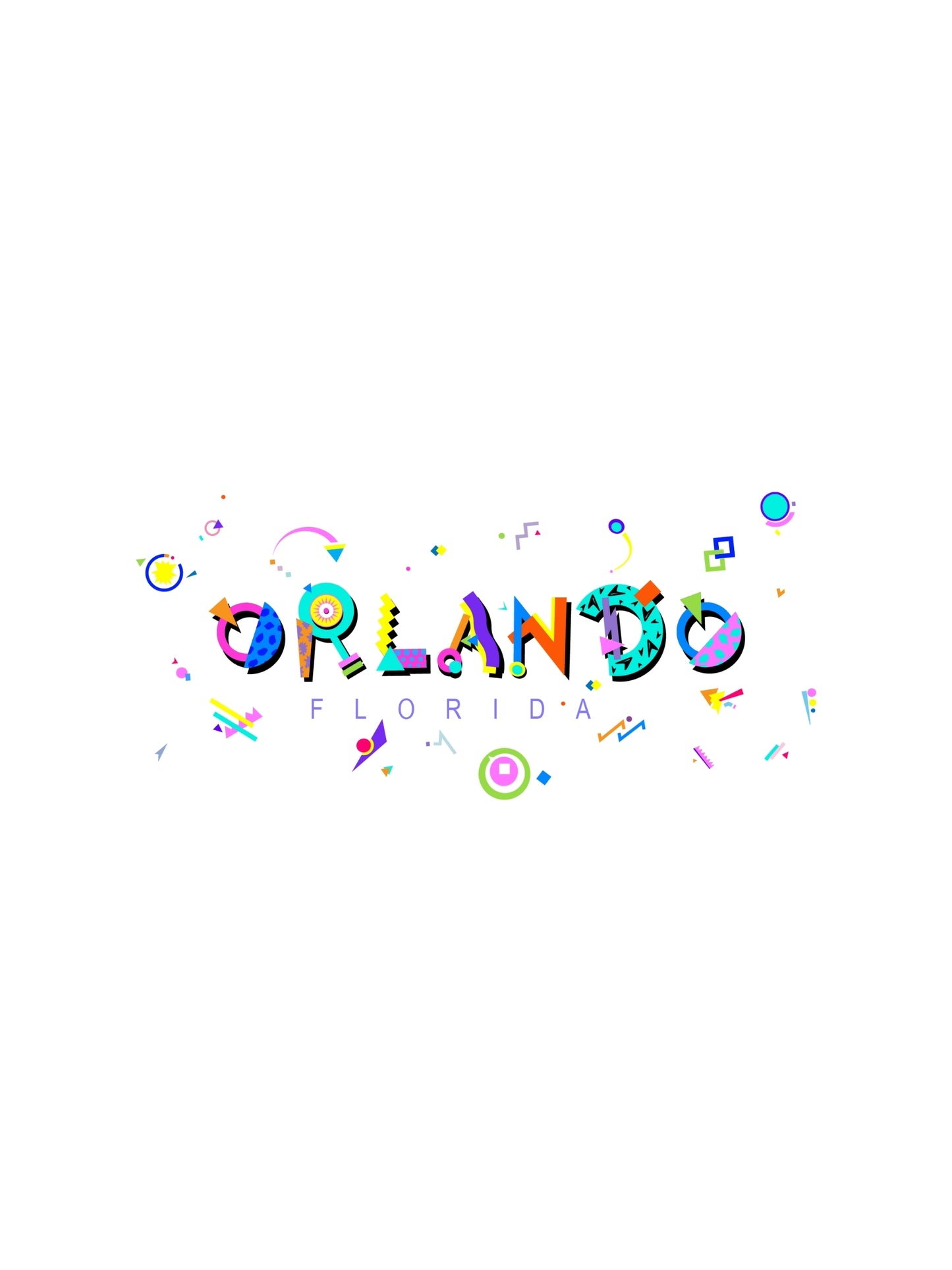 A colorful graphic souvenir t-shirt with the word 'ORLANDO' prominently displayed, featuring a vibrant and playful Memphis style design with various shapes and colors.