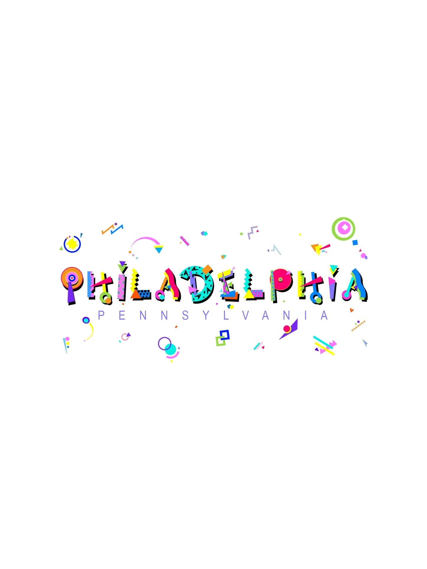 philadelphia pennsylvania souvenir t-shirts in a memphis style font