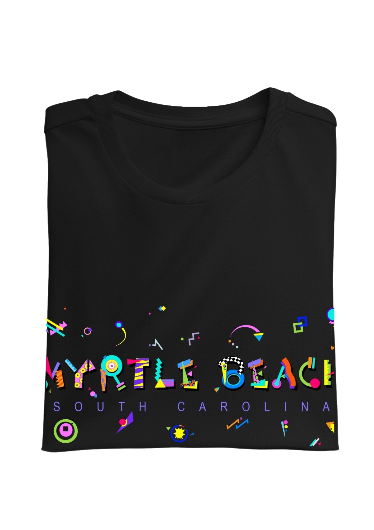 MYRTLE BEACH, SOUTH CAROLINA, printed colorful Memphis font black folded tee