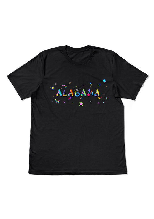 ALABAMA, printed colorful Memphis style font black flat tee