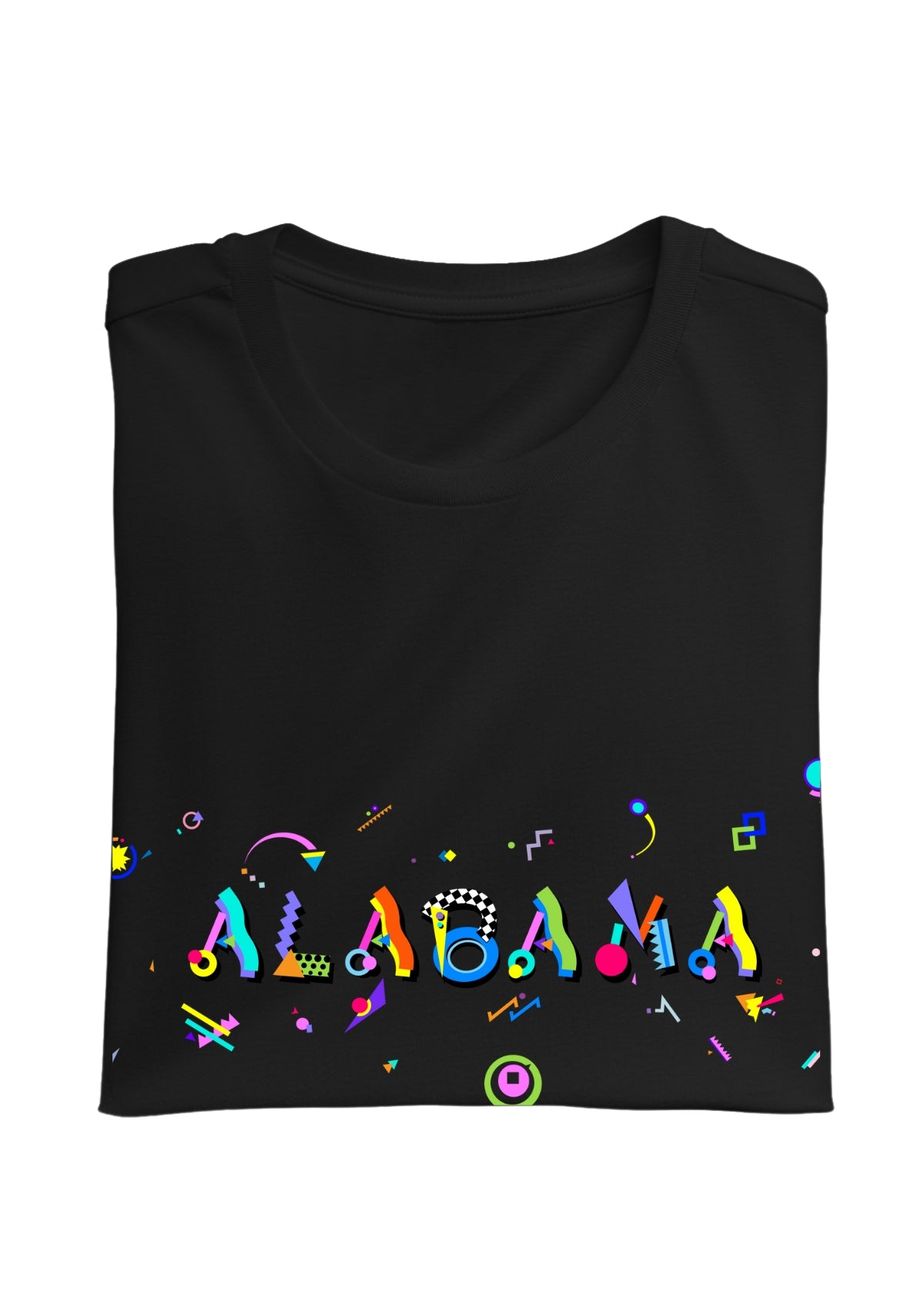 ALABAMA, printed colorful Memphis font black folded tee