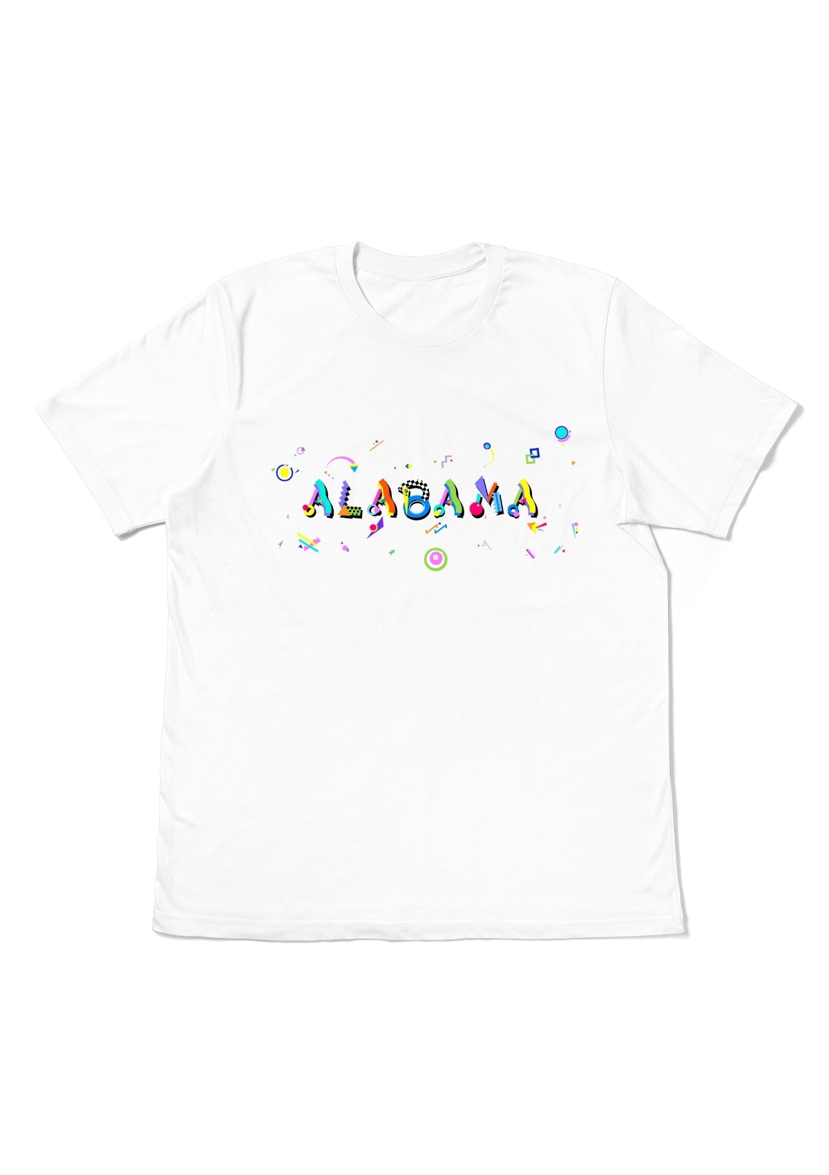 ALABAMA, printed colorful Memphis font white flat tee