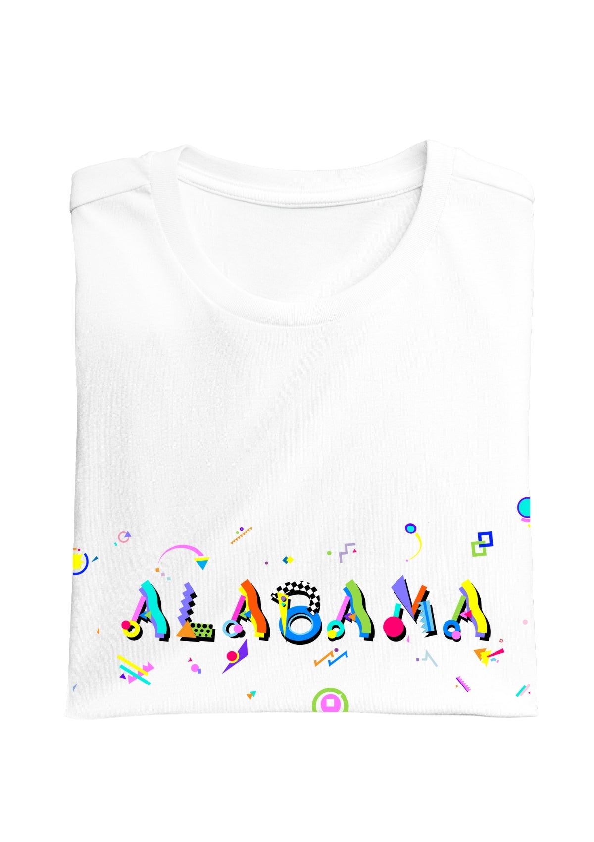 ALABAMA printed in colorful letters - Memphis style fonts - white-folded-tee