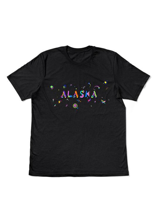 ALASKA, printed colorful Memphis style font black flat tee