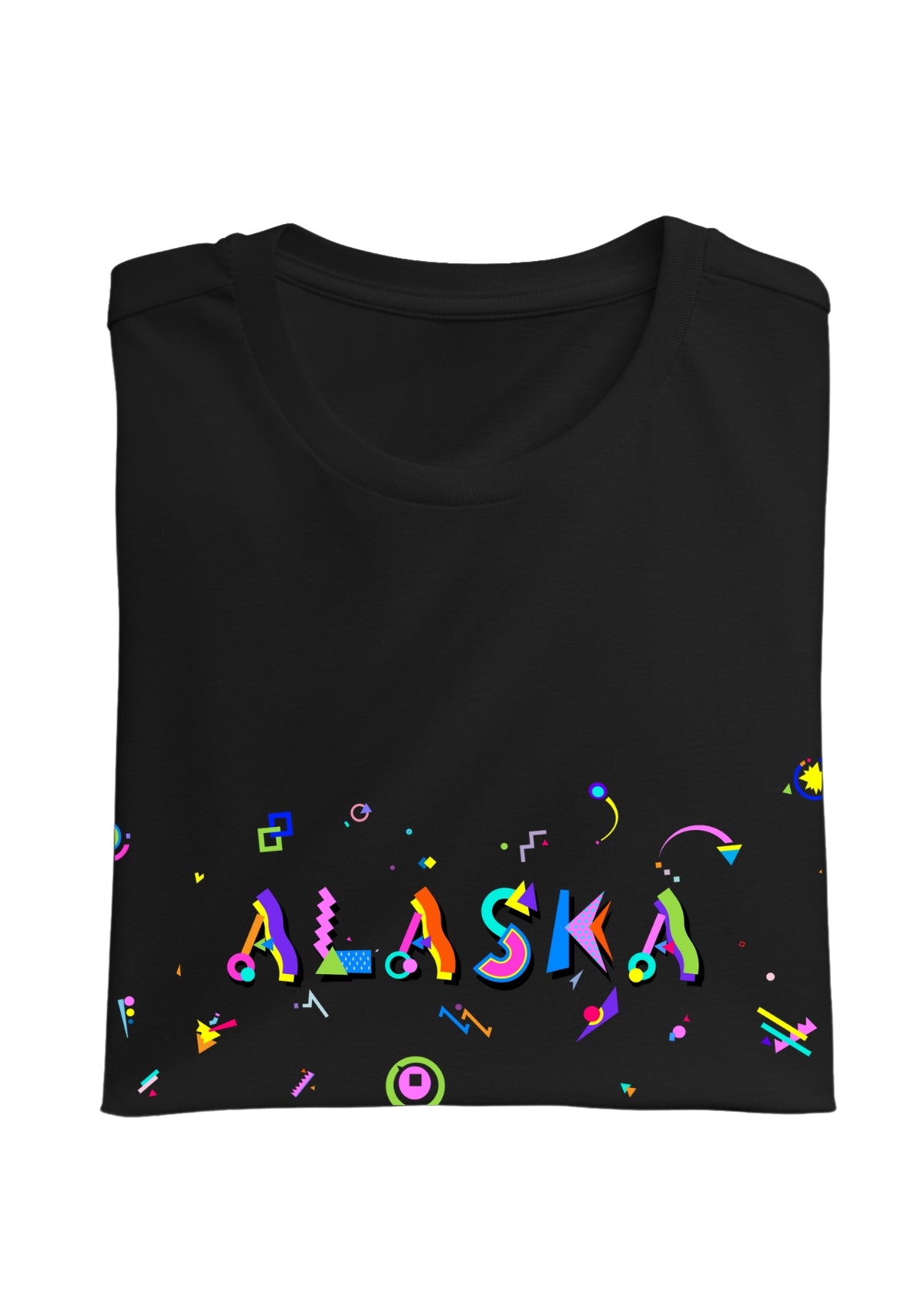 ALASKA, printed colorful Memphis font black folded tee