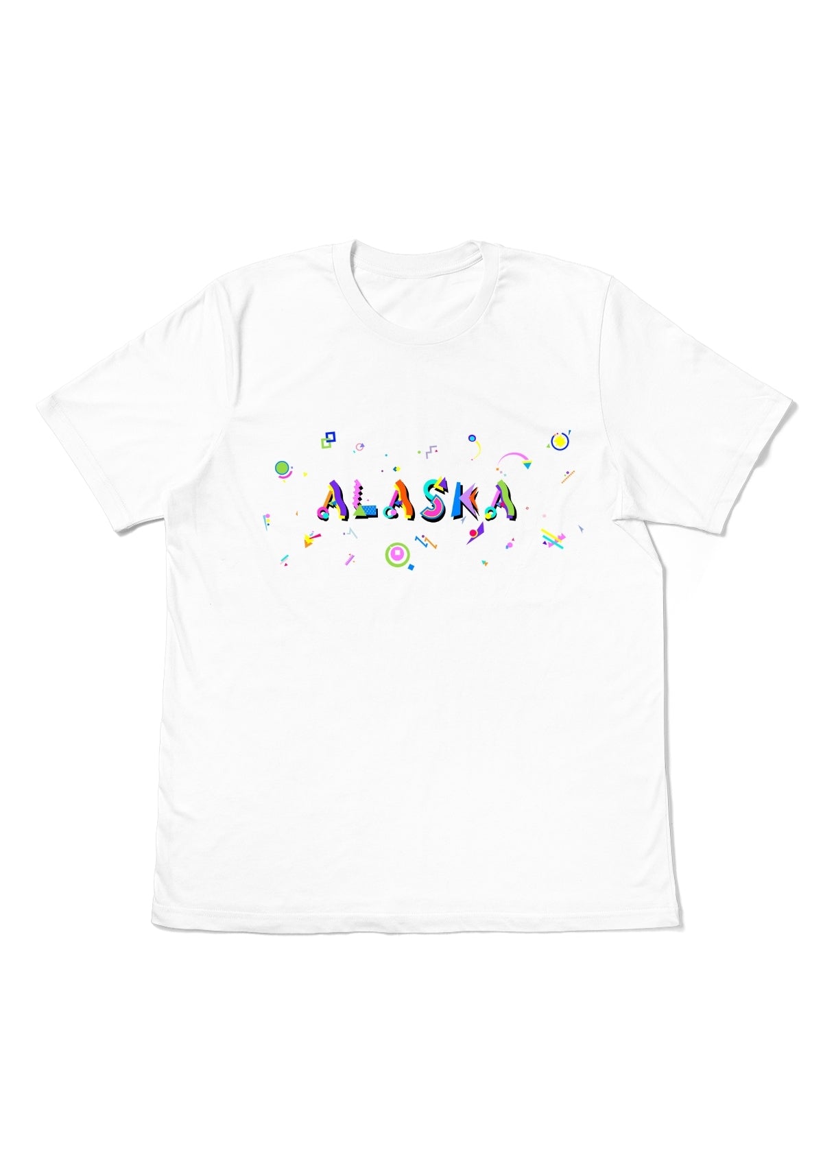 ALASKA, printed colorful Memphis font white flat tee