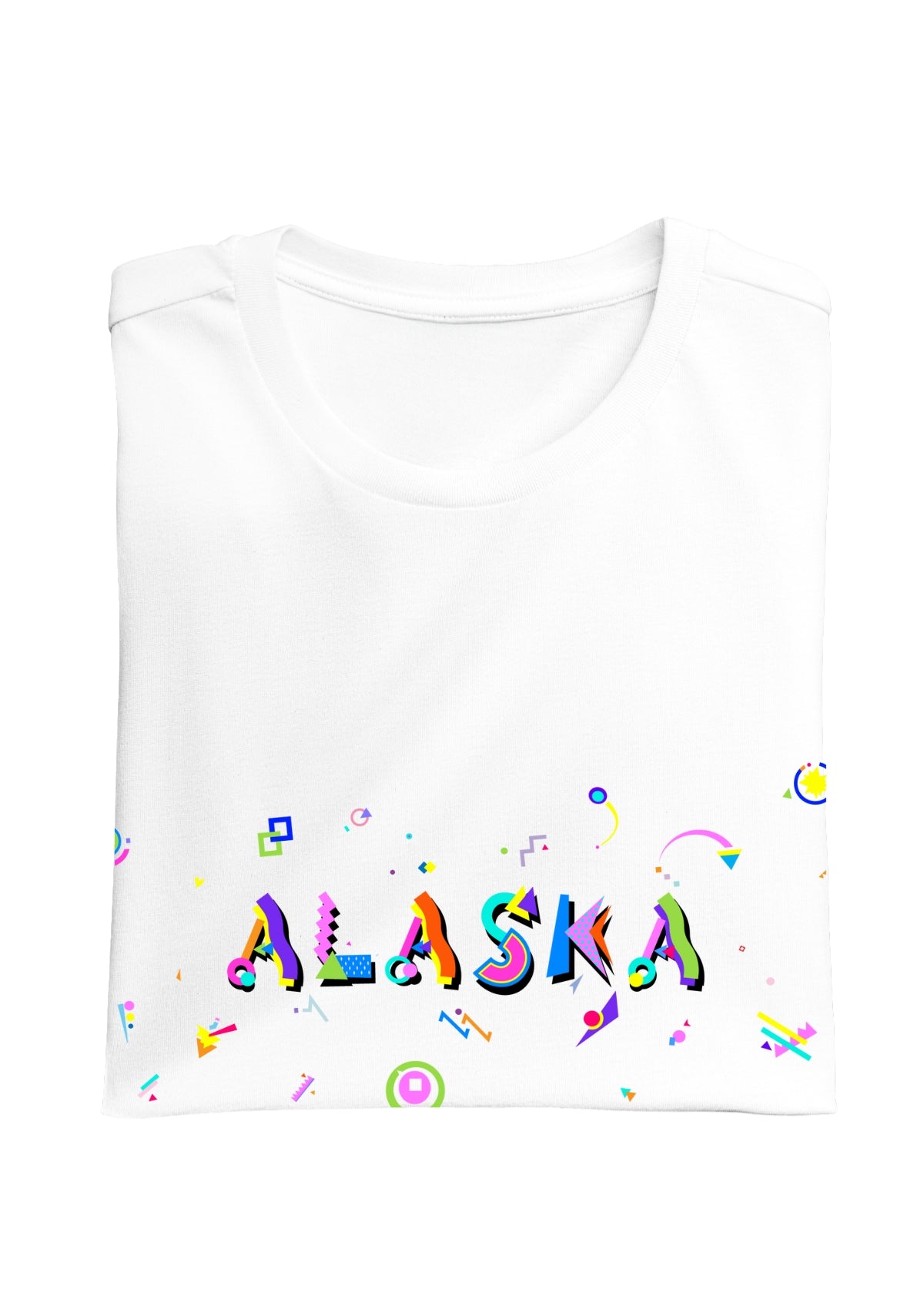 ALASKA printed in colorful letters - Memphis style fonts - white-folded-tee