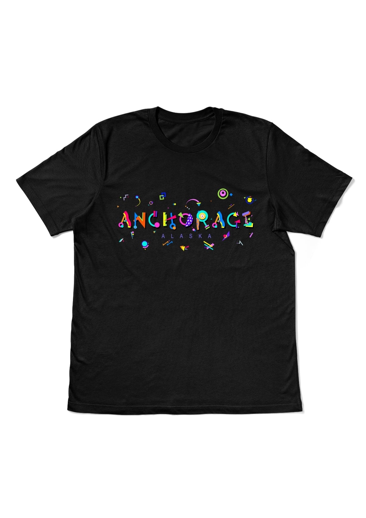 ANCHORAGE, ALASKA, printed colorful Memphis style font black flat tee