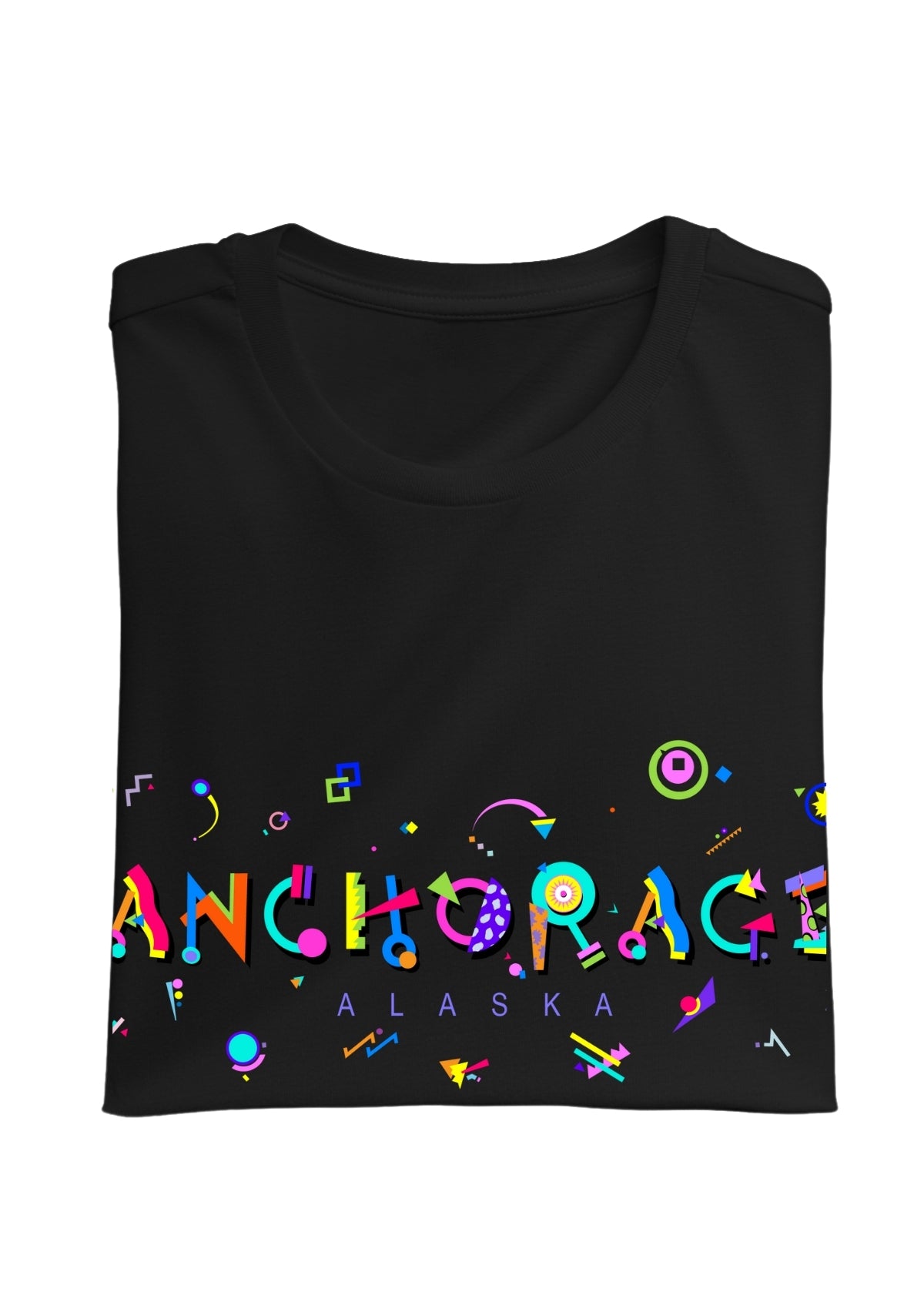 ANCHORAGE, ALASKA, printed colorful Memphis font black folded tee