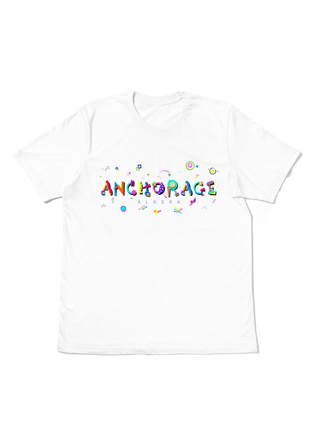 ANCHORAGE, ALASKA, printed colorful Memphis font white flat tee