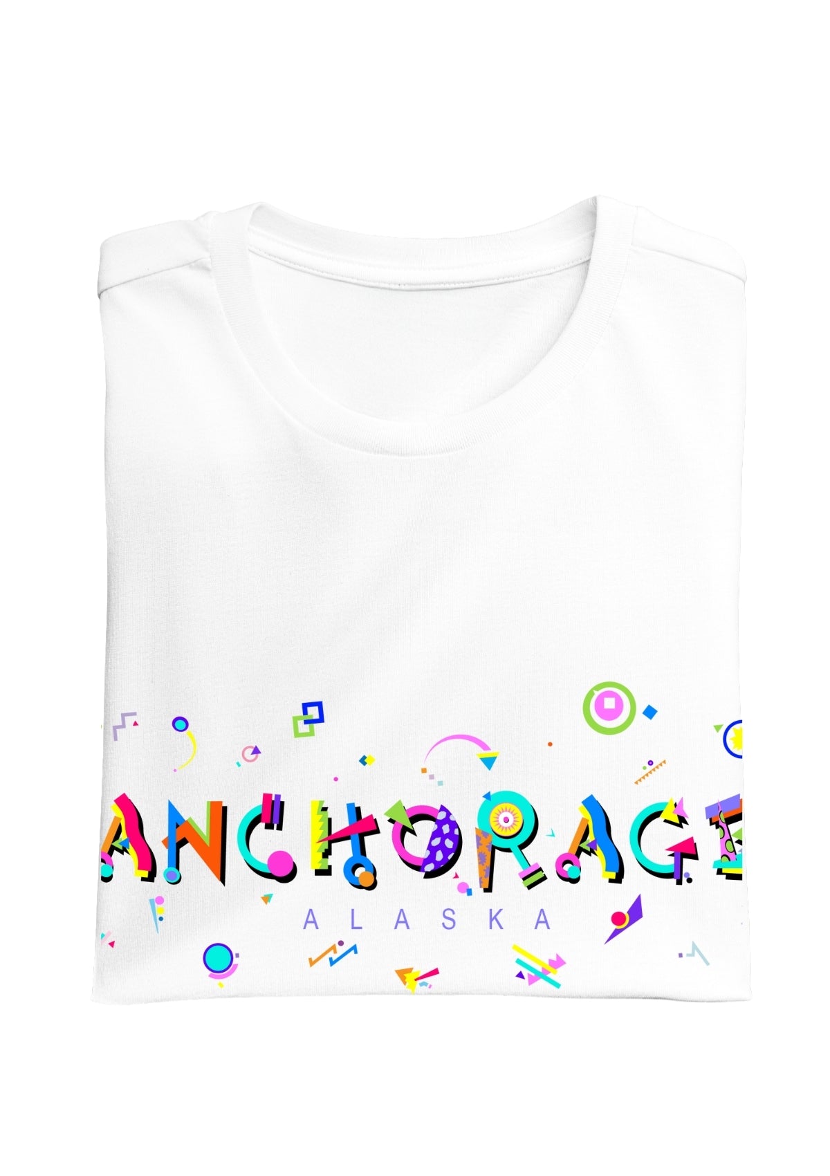 ANCHORAGE, ALASKA, colorful Memphis Style Font on white folded tee