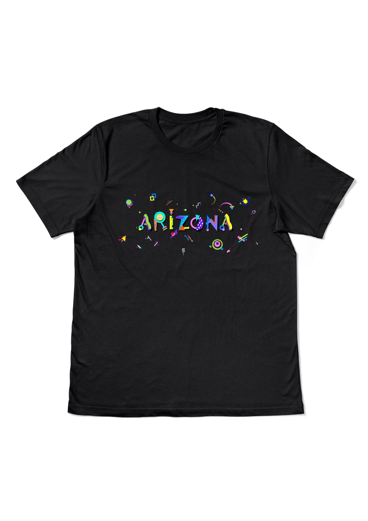 ARIZONA, printed colorful Memphis style font black flat tee